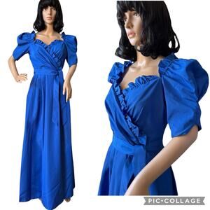 Vintage 80’s Blue prom / bridesmaid puffy sleeves V wrap front maxi dress small